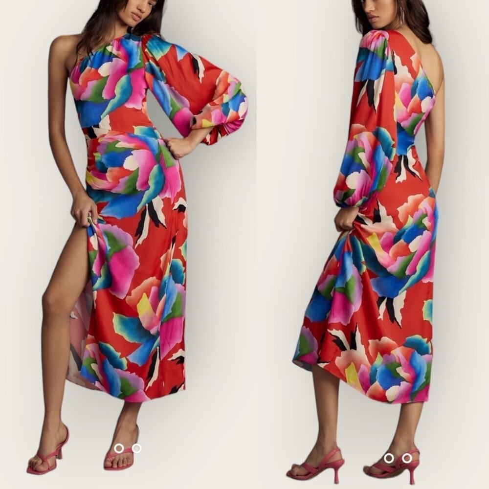 EUC | Farm Rio | One Shoulder Slim Floral Midi Dress | Red Motif | XS